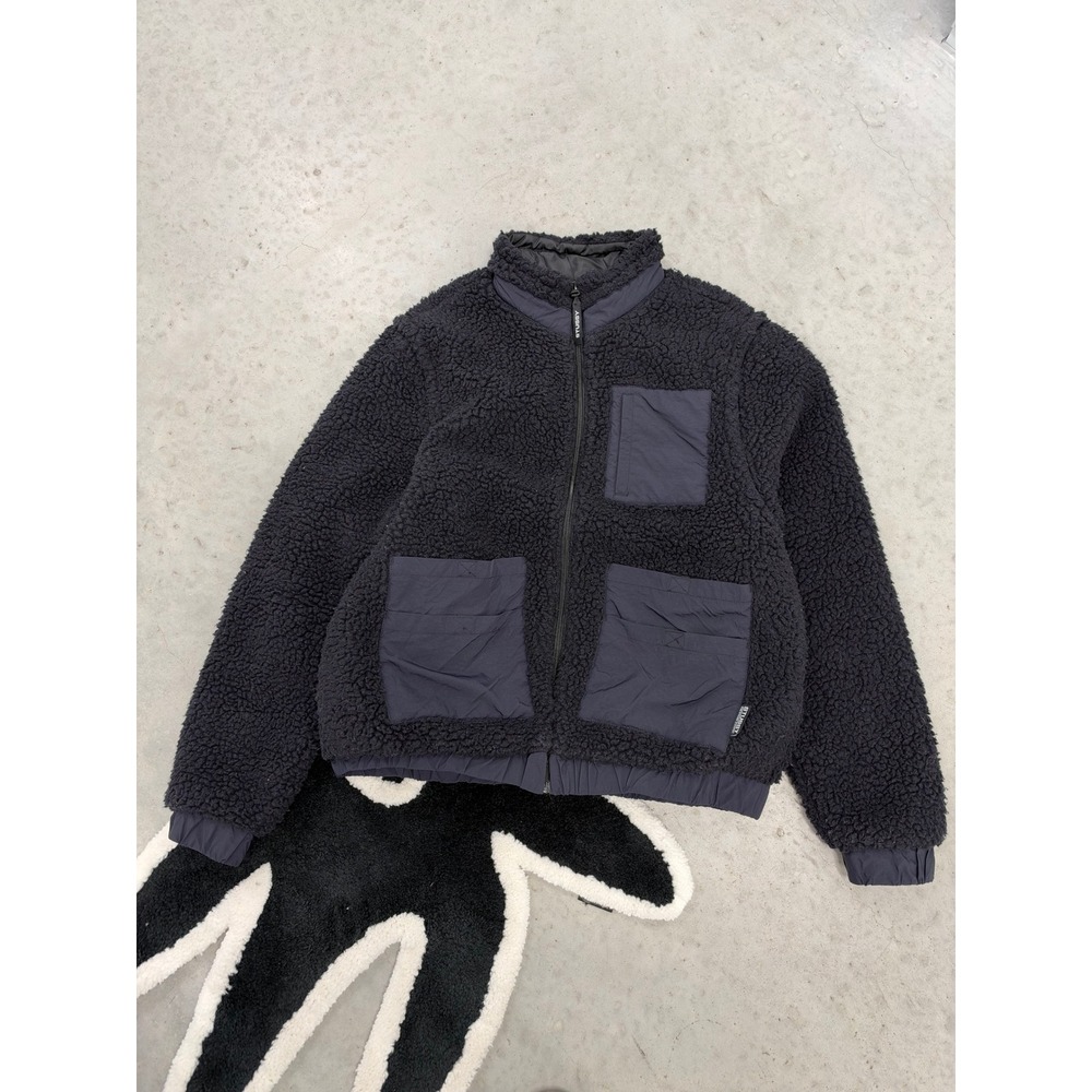 Stussy Convertible Sherpa Fleece Jacket Womens Medium Black Zip Off Sleeve Vest